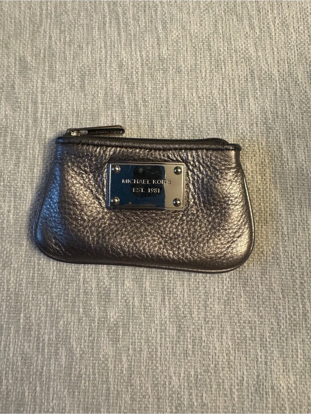 Michael Kors Metallic Pewter Leather Coin Pouch with Logo Plate